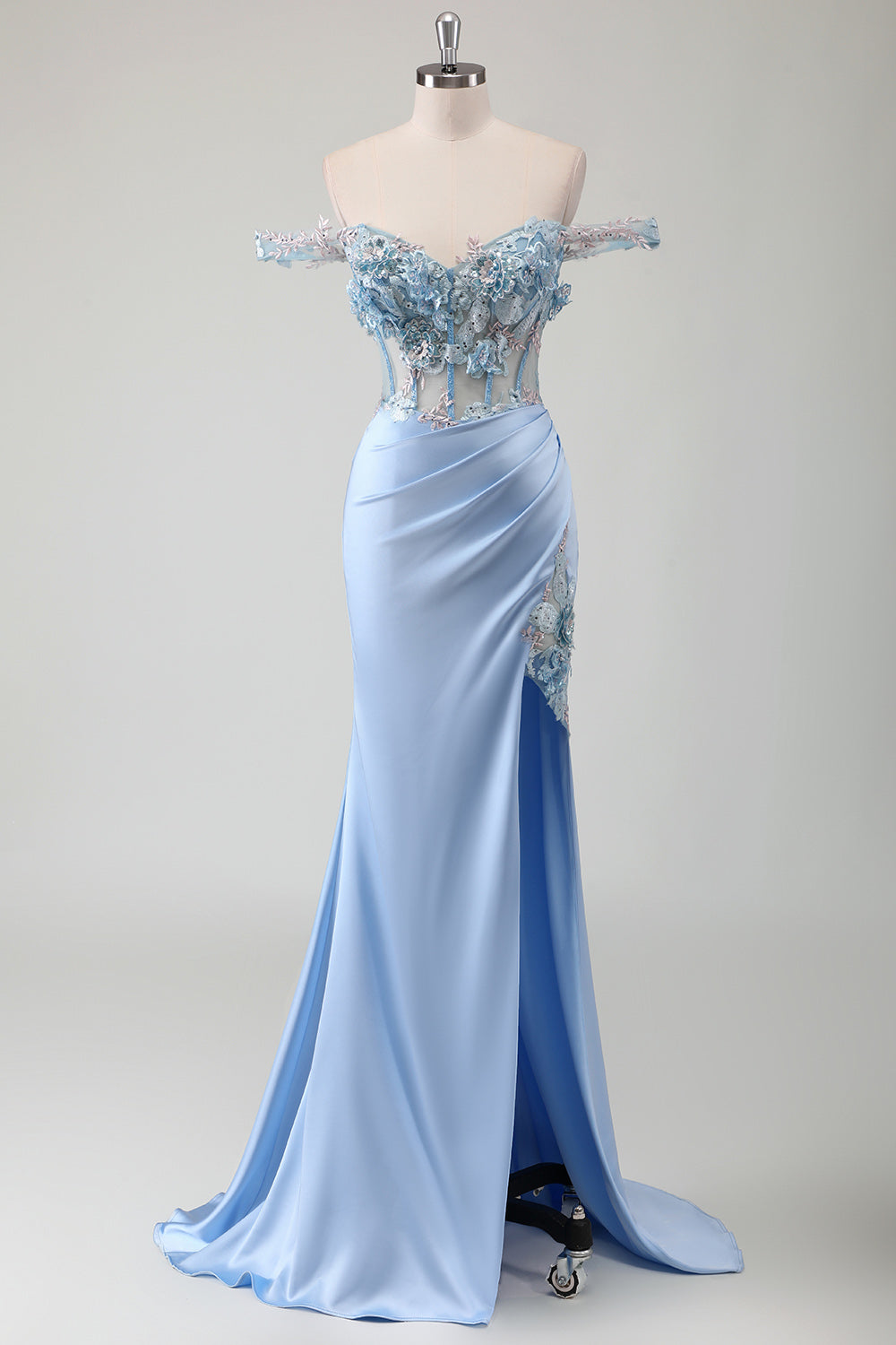 WEDTREND Women Sky Blue Floral Off The Shoulder Prom Dress Corset Ruched Appliqued Long Party Dress With Slit, Sky Blue / US18W