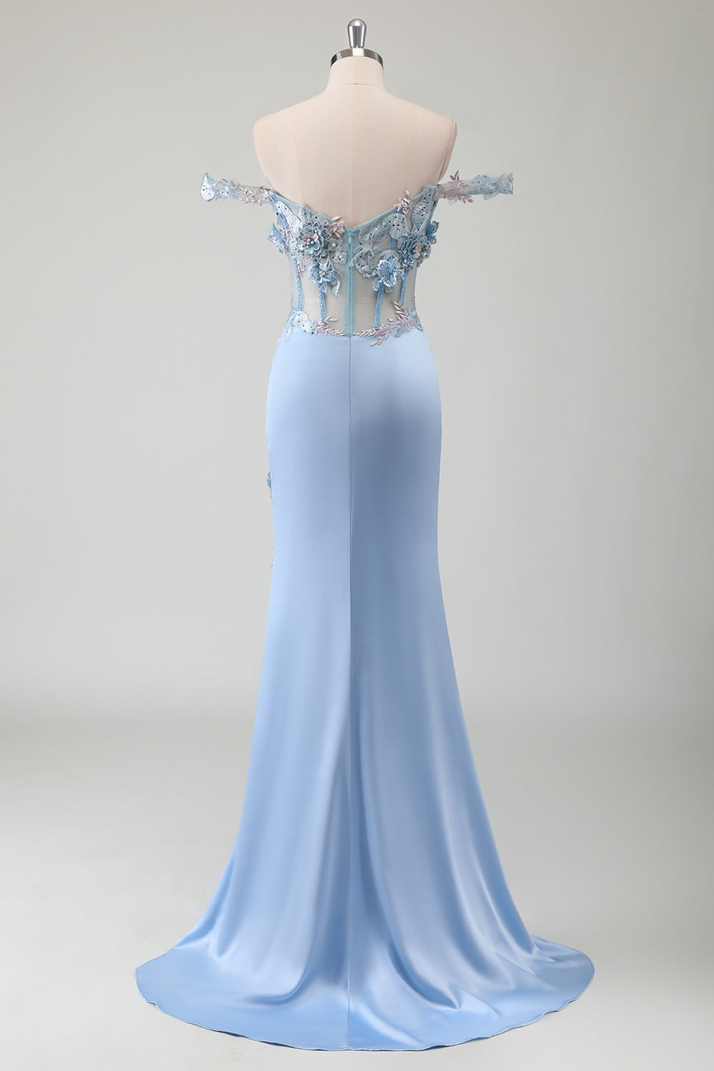 WEDTREND Women Sky Blue Floral Off The Shoulder Prom Dress Corset Ruched Appliqued Long Party Dress With Slit WEDTREND Women Sky Blue Floral Off The Shoulder Prom Dress Corset Ruched Appliqued Long Party Dress With Slit