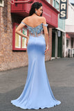 Sky Blue Mermaid Off The Shoulder Sheer Corset Long Prom Dress With Slit