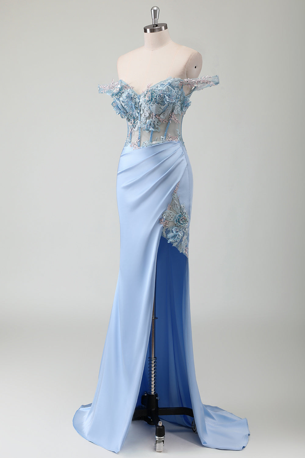 WEDTREND Women Sky Blue Floral Off The Shoulder Prom Dress Corset Ruched Appliqued Long Party Dress With Slit WEDTREND Women Sky Blue Floral Off The Shoulder Prom Dress Corset Ruched Appliqued Long Party Dress With Slit