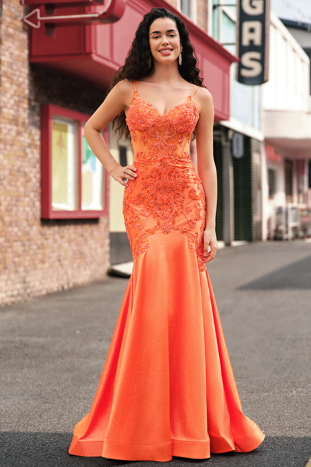 Wedtrend Women Orange Long Prom Dress with Beading Mermaid Spaghetti Straps Corset Formal Dress, Orange / US6 Wedtrend Women Orange Long Prom Dress with Beading Mermaid Spaghetti Straps Corset Formal Dress, Orange / US6