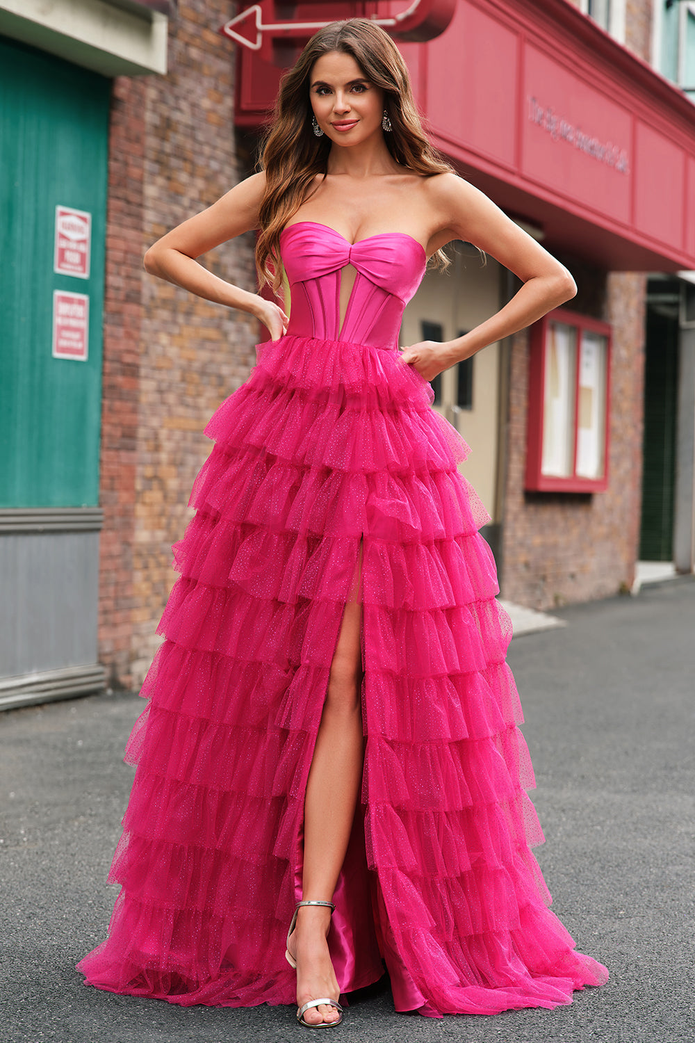 Wedtrend Women Cute Fuchsia Princess Prom Dresses with Slit Sweetheart Cut Out Tiered Tulle Corset Long Ball Gown WEDTREND Wedtrend Women Cute Fuchsia Princess Prom Dresses with Slit Sweetheart Cut Out Tiered Tulle Corset Long Ball Gown WEDTREND