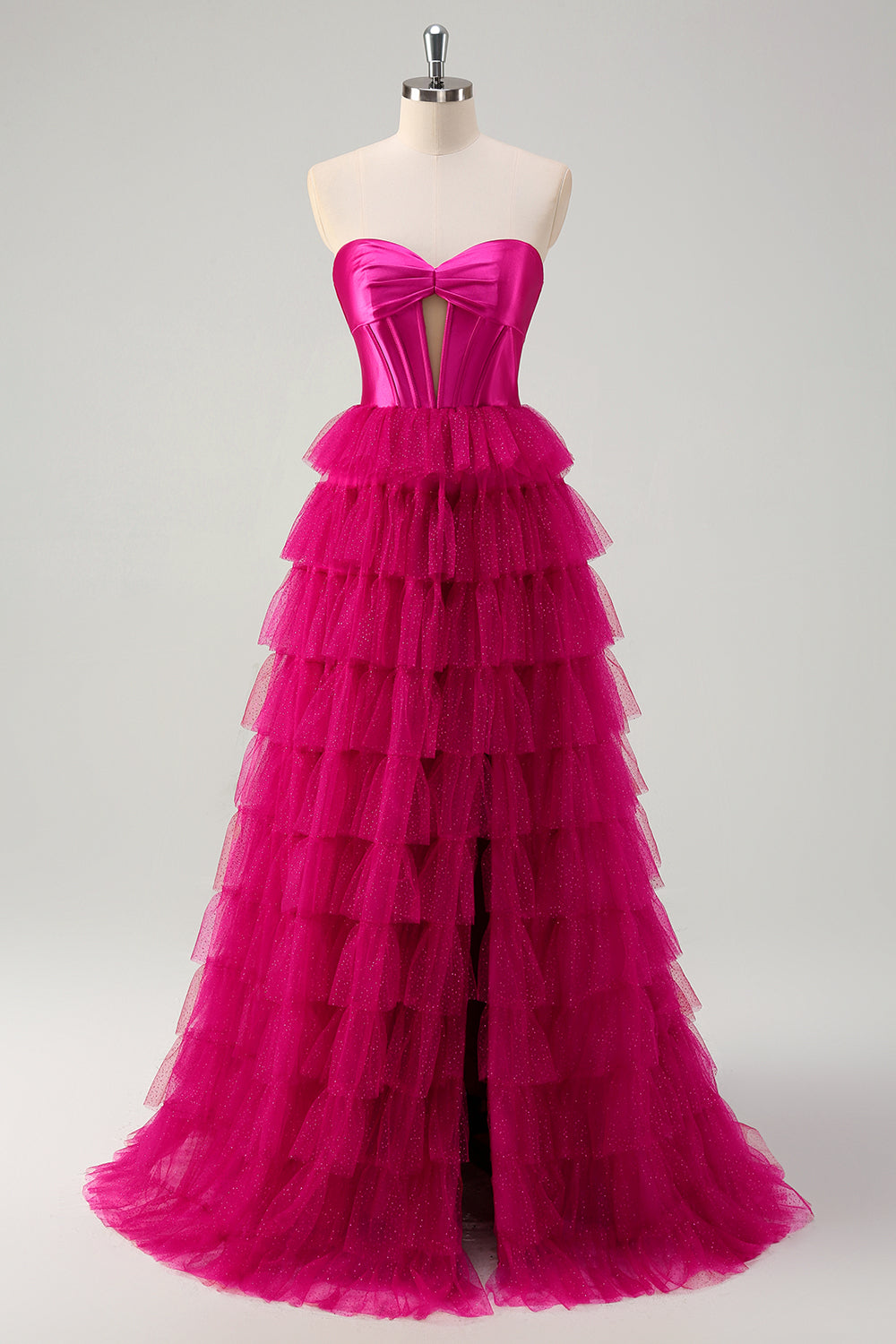 princess hot pink tiered tulle prom dress Alianna Pink A-Line Spaghetti Straps Tiered Tulle Prom Dress Pink / 4