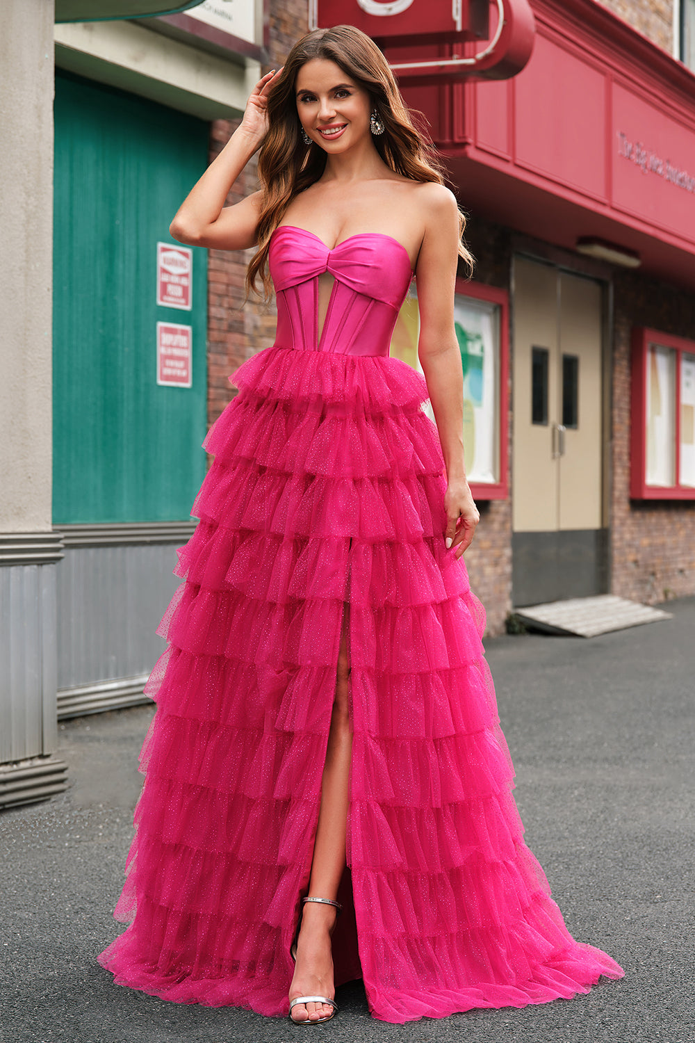 Wedtrend Women Cute Fuchsia Princess Prom Dresses with Slit Sweetheart Cut Out Tiered Tulle Corset Long Ball Gown, Fuchsia / US18W Wedtrend Women Cute Fuchsia Princess Prom Dresses with Slit Sweetheart Cut Out Tiered Tulle Corset Long Ball Gown, Fuchsia / US18W