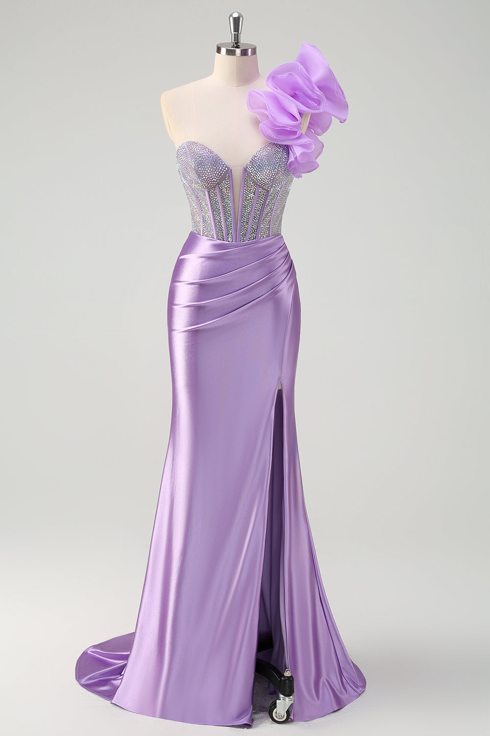 Wedtrend Women Sparkly Fuchsia One Shoulder Long Prom Dress With Slit Mermaid Removable Ruffles Pleated Formal Dress, Lilac / US4