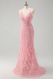 Sparkly Pink Mermaid Halter Long Prom Dress With Feather