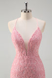 Sparkly Pink Mermaid Halter Long Prom Dress With Feather
