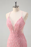Sparkly Pink Mermaid Halter Long Prom Dress With Feather