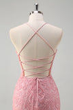 Sparkly Pink Mermaid Halter Long Prom Dress With Feather