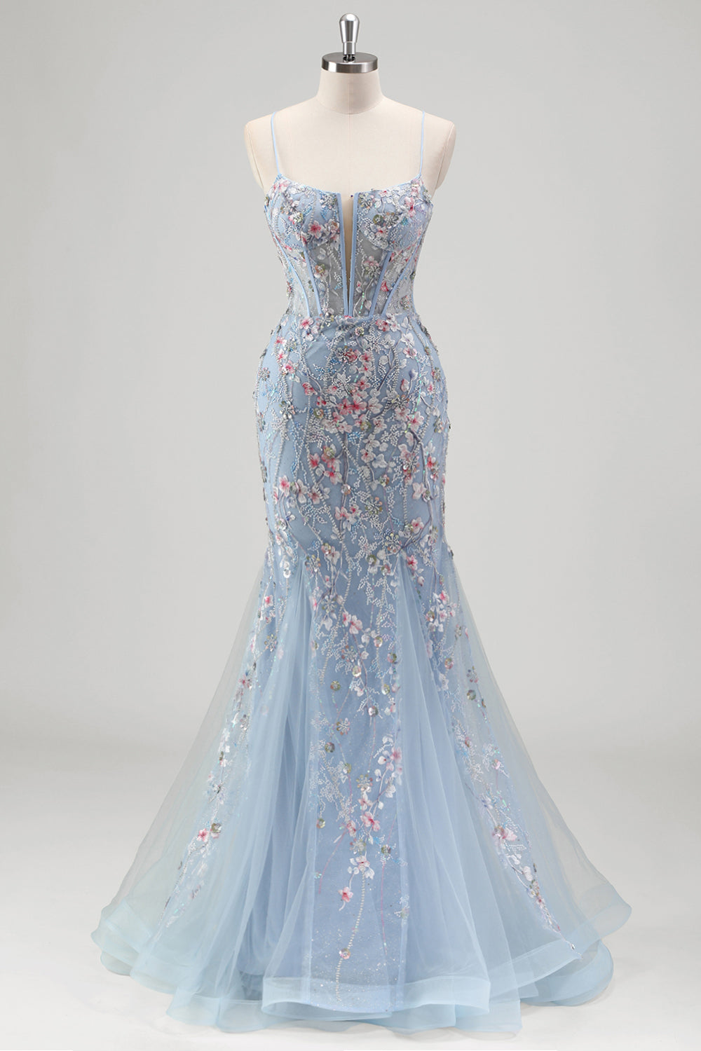 Wedtrend Women Sparkly Light Blue Prom Dress with Embroidery Floral Mermaid Corset Tulle Beaded Party Dress WEDTREND Wedtrend Women Sparkly Light Blue Prom Dress with Embroidery Floral Mermaid Corset Tulle Beaded Party Dress WEDTREND