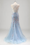 Sparkly Light Blue Floral Mermaid Corset Tulle Beaded Prom Dress with Embroidery