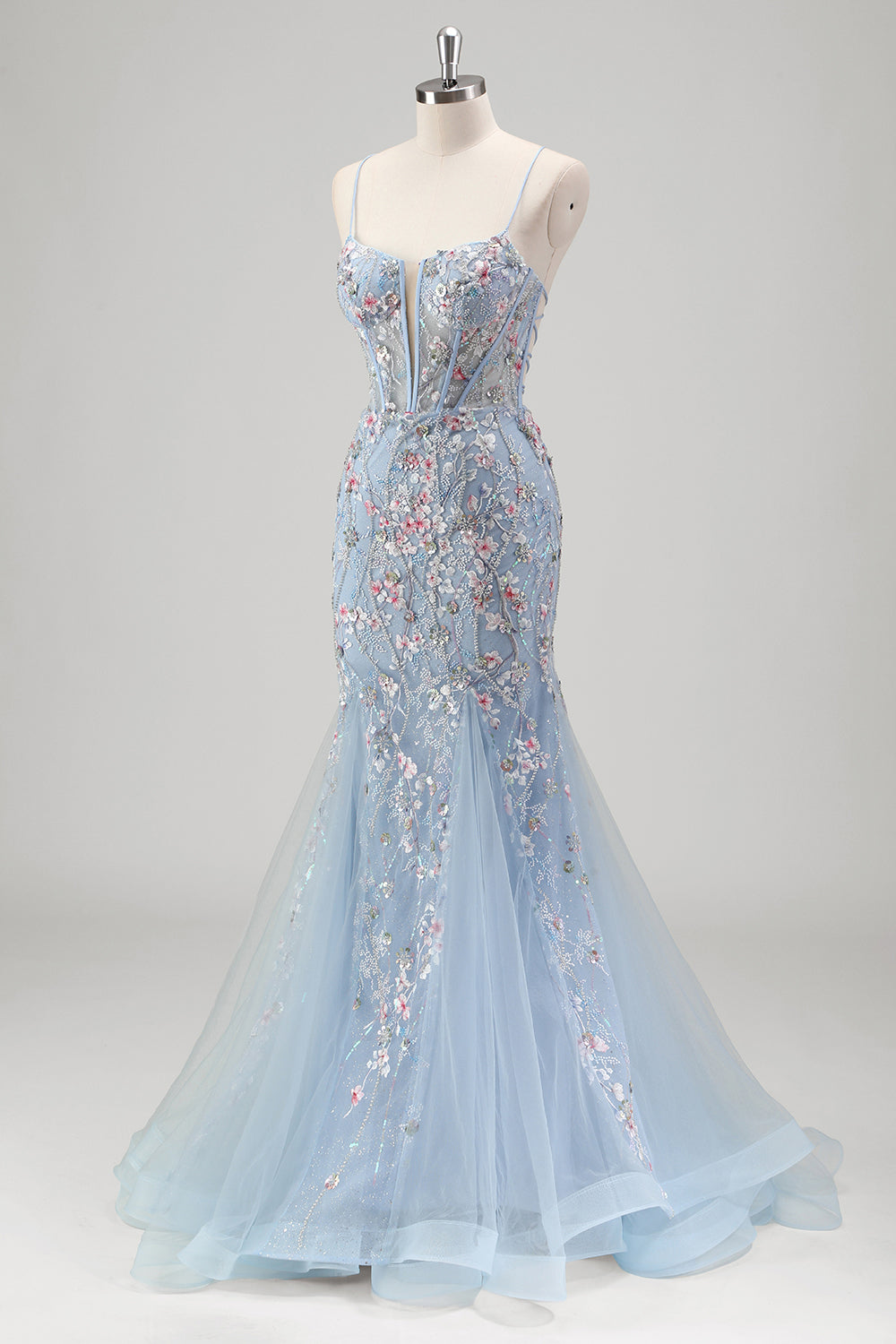 Wedtrend Women Sparkly Light Blue Prom Dress with Embroidery Floral Mermaid Corset Tulle Beaded Party Dress – WEDTREND
