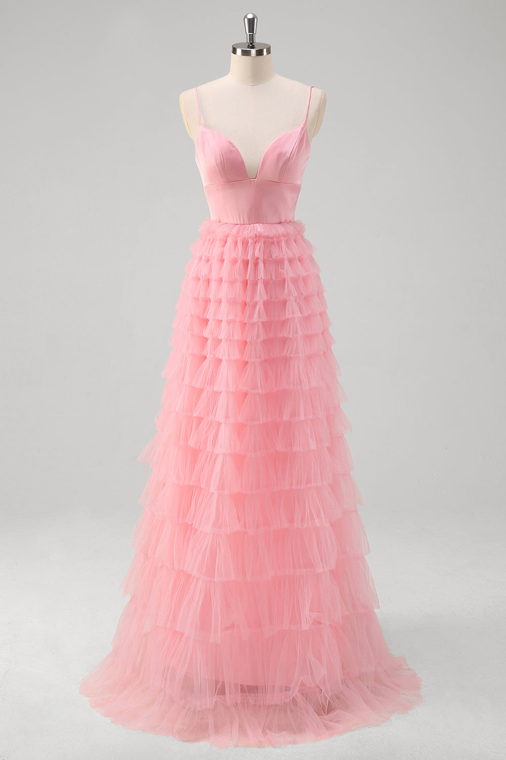 Wedtrend Women Pink Tulle Long Prom Dress A Line Spaghetti Straps Open Back Tiered Formal Party Dress WEDTREND Wedtrend Women Pink Tulle Long Prom Dress A Line Spaghetti Straps Open Back Tiered Formal Party Dress WEDTREND