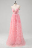 Pink Tulle A Line Spaghetti Straps Open Back Tiered Long Prom Dress