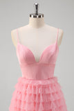 Pink Tulle A Line Spaghetti Straps Open Back Tiered Long Prom Dress