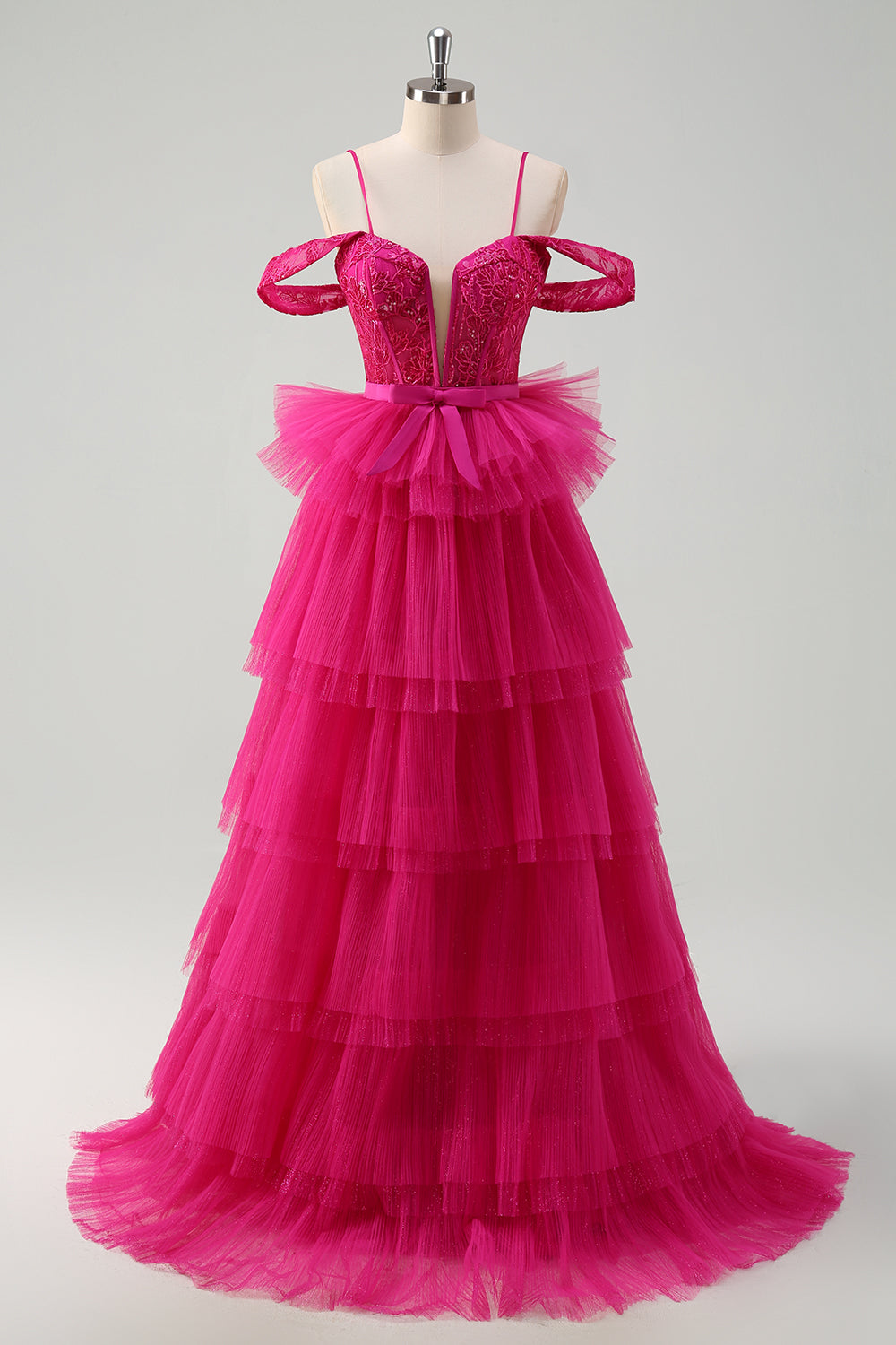 WEDTREND Women Hot Pink Tulle Prom Dress A-Line Cold Shoulder Tiered Long Formal Dress with Appliques WEDTREND Women Hot Pink Tulle Prom Dress A-Line Cold Shoulder Tiered Long Formal Dress with Appliques