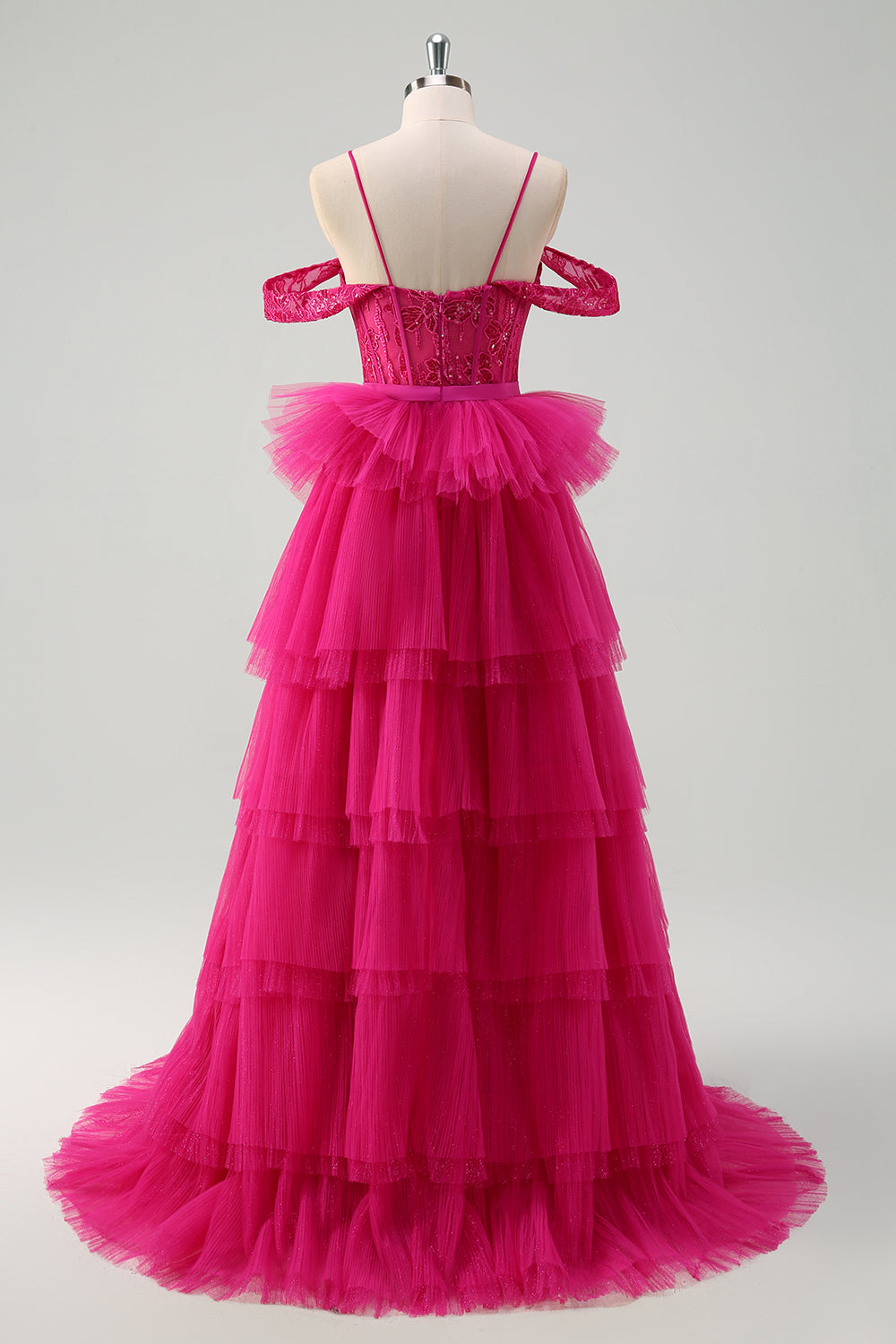 WEDTREND Women Hot Pink Tulle Prom Dress A-Line Cold Shoulder Tiered Long Formal Dress with Appliques WEDTREND Women Hot Pink Tulle Prom Dress A-Line Cold Shoulder Tiered Long Formal Dress with Appliques