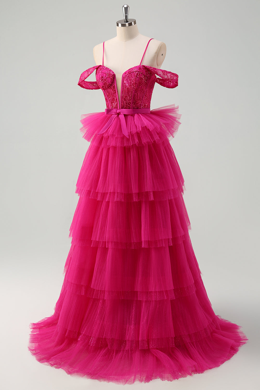 WEDTREND Women Hot Pink Tulle Prom Dress A-Line Cold Shoulder Tiered Long Formal Dress with Appliques WEDTREND Women Hot Pink Tulle Prom Dress A-Line Cold Shoulder Tiered Long Formal Dress with Appliques