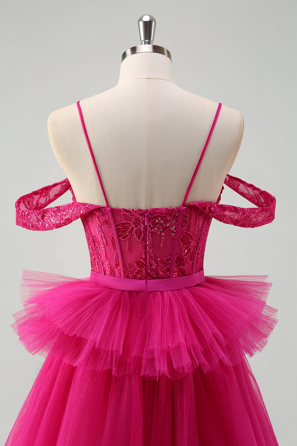 WEDTREND Women Hot Pink Tulle Prom Dress A-Line Cold Shoulder Tiered Long Formal Dress with Appliques WEDTREND Women Hot Pink Tulle Prom Dress A-Line Cold Shoulder Tiered Long Formal Dress with Appliques