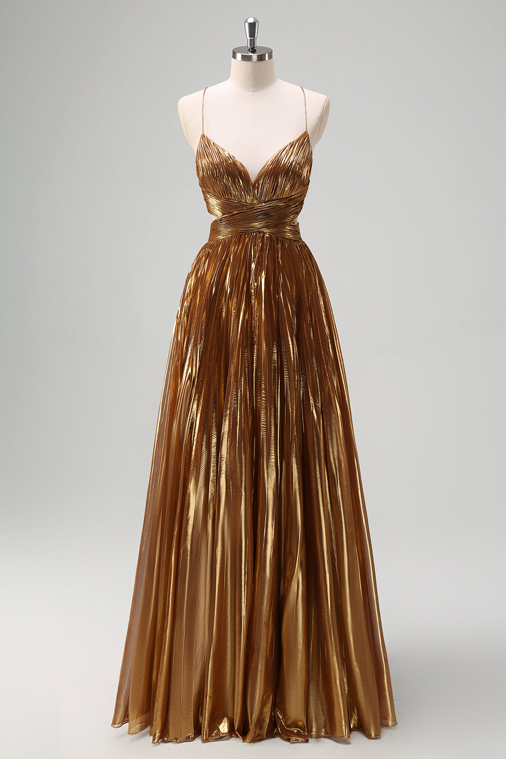 WEDTREND Women Golden Metallic Long Prom Dress A-Line Spaghetti Straps Cut Out Ruched Evening Party Dress WEDTREND Women Golden Metallic Long Prom Dress A-Line Spaghetti Straps Cut Out Ruched Evening Party Dress