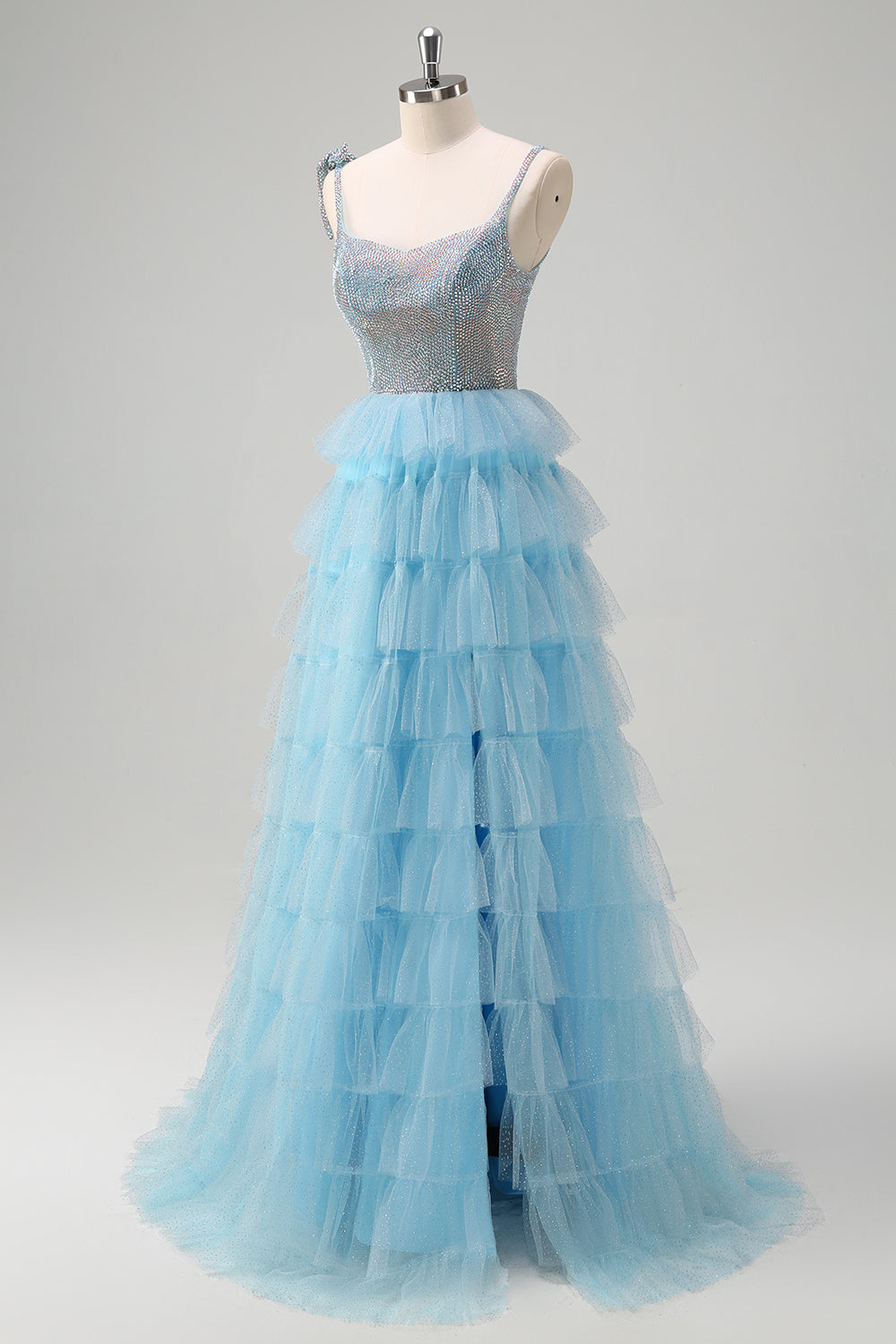 WEDTREND Women Sparkly Light Blue Prom Dress with Ruffle Skirt Slit A-Line Spaghetti Straps Beaded Tiered Party Dress WEDTREND Women Sparkly Light Blue Prom Dress with Ruffle Skirt Slit A-Line Spaghetti Straps Beaded Tiered Party Dress