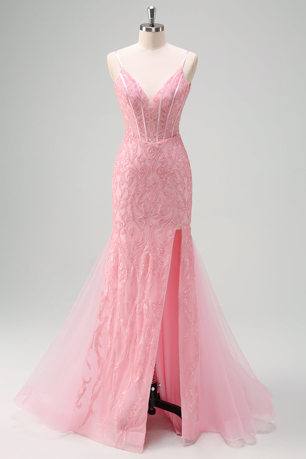 WEDTREND Women Sparkly Light Pink Long Prom Dress with Slit Mermaid Spaghetti Straps V-Neck Corset Sequin Evening Party Dress WEDTREND Women Sparkly Light Pink Long Prom Dress with Slit Mermaid Spaghetti Straps V-Neck Corset Sequin Evening Party Dress