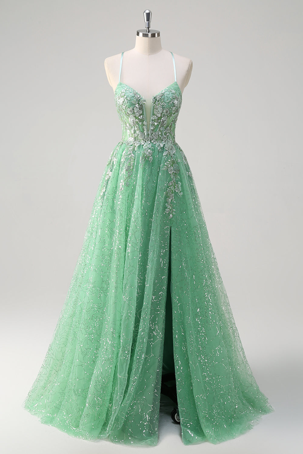 WEDTREND Women Light Green Prom Dress with Slit A Line Lace Up Back Corset Sparkly Sequin Long Evening Party Dress WEDTREND Women Light Green Prom Dress with Slit A Line Lace Up Back Corset Sparkly Sequin Long Evening Party Dress