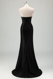 Glitter Black Mermaid Strapless Corset Sequin Long Prom Dress with Slit