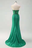 Glitter Black Mermaid Strapless Corset Sequin Long Prom Dress with Slit