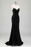 Glitter Black Mermaid Strapless Corset Sequin Long Prom Dress with Slit