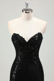 Glitter Black Mermaid Strapless Corset Sequin Long Prom Dress with Slit