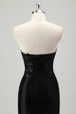 Glitter Black Mermaid Strapless Corset Sequin Long Prom Dress with Slit