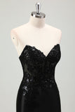 Glitter Black Mermaid Strapless Corset Sequin Long Prom Dress with Slit
