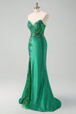 Glitter Black Mermaid Strapless Corset Sequin Long Prom Dress with Slit