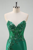 Glitter Black Mermaid Strapless Corset Sequin Long Prom Dress with Slit