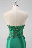 Glitter Black Mermaid Strapless Corset Sequin Long Prom Dress with Slit