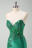 Glitter Black Mermaid Strapless Corset Sequin Long Prom Dress with Slit