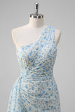 White Blue Flower One Shoulder Cut Out Print Long Bridesmaid Dress with Slit