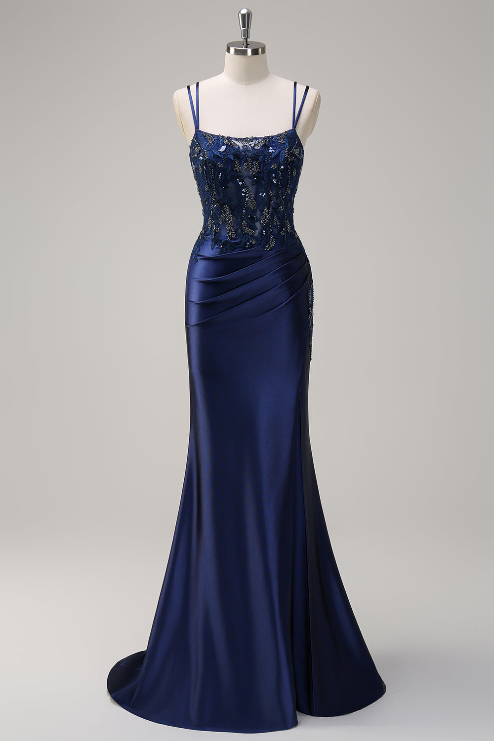 WEDTREND Women Navy Prom Dress with Slit Mermaid Pleated Corset Spaghetti Straps Long Backless Sequin Evening Dress WEDTREND Women Navy Prom Dress with Slit Mermaid Pleated Corset Spaghetti Straps Long Backless Sequin Evening Dress