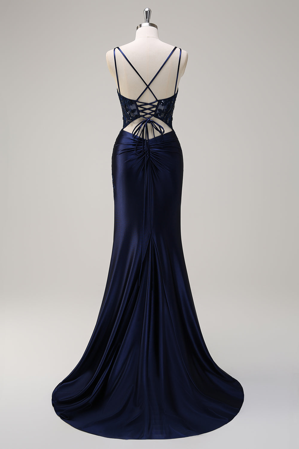 WEDTREND Women Navy Prom Dress with Slit Mermaid Pleated Corset Spaghetti Straps Long Backless Sequin Evening Dress WEDTREND Women Navy Prom Dress with Slit Mermaid Pleated Corset Spaghetti Straps Long Backless Sequin Evening Dress