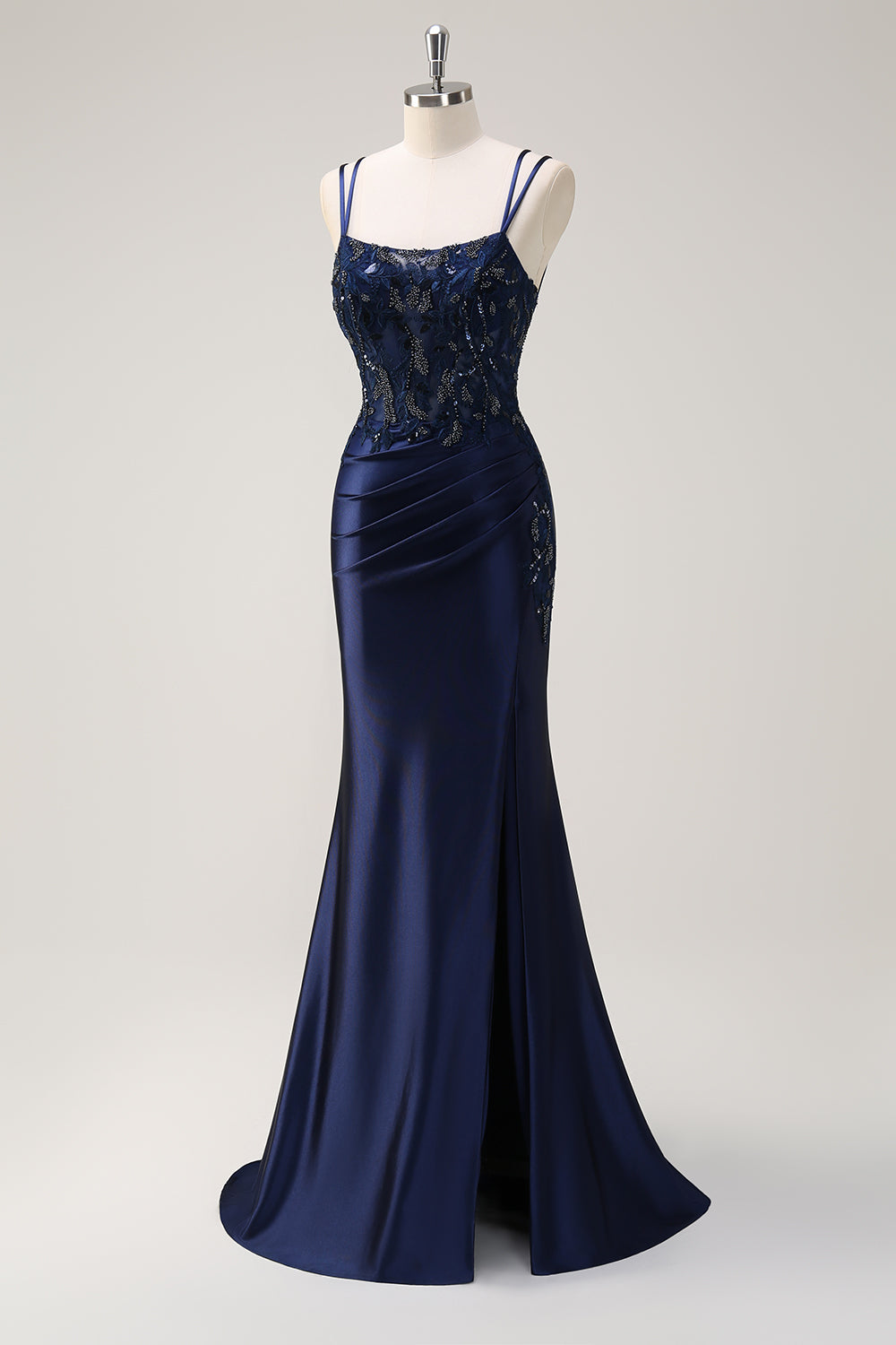 WEDTREND Women Navy Prom Dress with Slit Mermaid Pleated Corset Spaghetti Straps Long Backless Sequin Evening Dress WEDTREND Women Navy Prom Dress with Slit Mermaid Pleated Corset Spaghetti Straps Long Backless Sequin Evening Dress