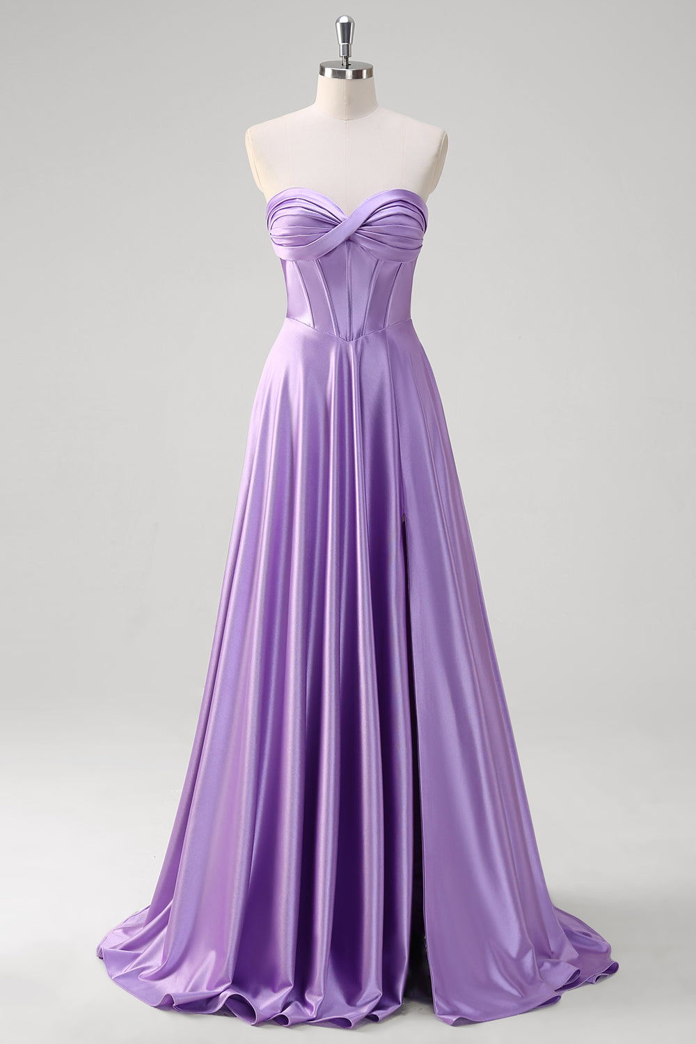 purple strapless sweetheart dress Strapless Prom Dress Sweetheart Beaded Purple Satin Floor Length Sweep Train, Slit