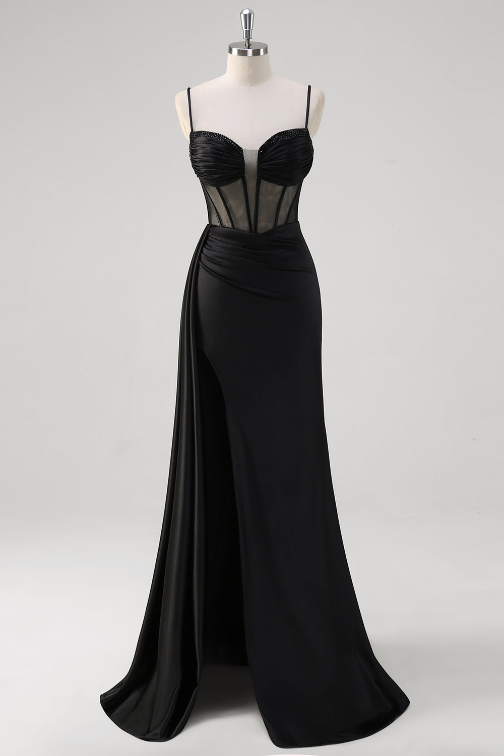 Wedtrend Women Black Corset Prom Dress with Slit Mermaid Ruched Beaded Watteau Train Sheer Formal Dress WEDTREND Wedtrend Women Black Corset Prom Dress with Slit Mermaid Ruched Beaded Watteau Train Sheer Formal Dress WEDTREND