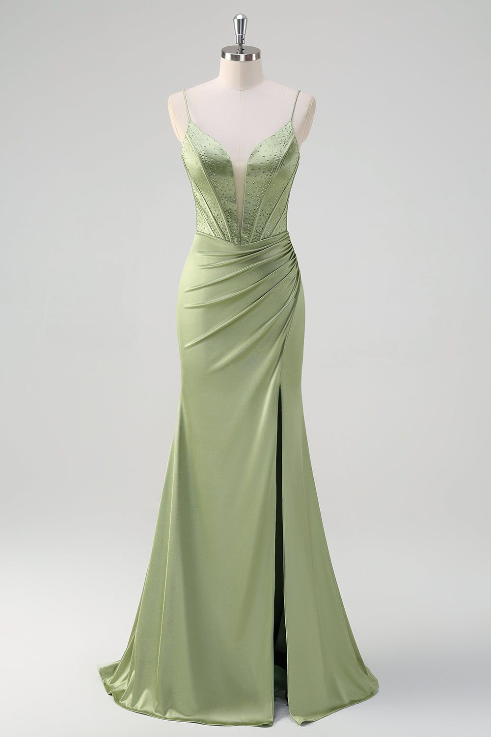 WEDTREND Women Green Prom Dress With Slit Mermaid Spaghetti Straps Ruched Corset Beaded Long Formal Dress WEDTREND Women Green Prom Dress With Slit Mermaid Spaghetti Straps Ruched Corset Beaded Long Formal Dress