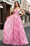 Blush Floral A Line Spaghetti Straps Corset Pleated Prom Dress