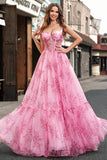 Blush Floral A Line Spaghetti Straps Corset Pleated Prom Dress