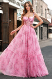 Blush Floral A Line Spaghetti Straps Corset Pleated Prom Dress