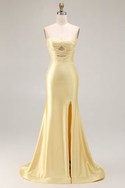 Yellow Mermaid Strapless Beaded Cut Out Long Prom Dress with Slit
