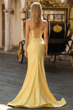 Yellow Strapless Mermaid Beaded Cut Out Satin Long Prom Dress with Slit