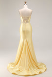 Yellow Strapless Mermaid Beaded Cut Out Satin Long Prom Dress with Slit
